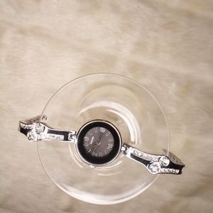 NWOT Black & Silver Bracelet Quartz Watch with Rhinestones